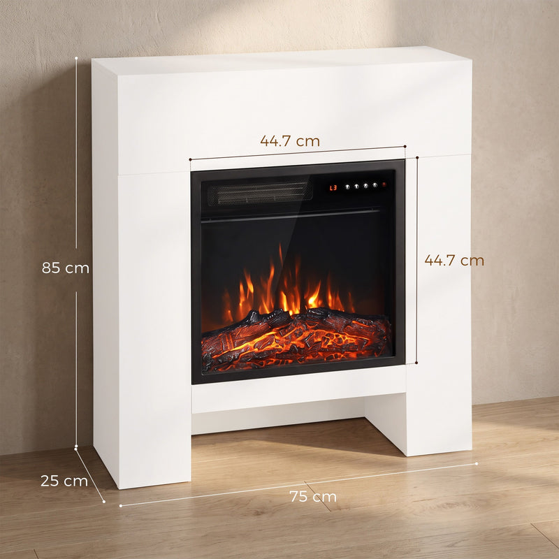 Dimensions diagram of the white fireplace suite showing 75 cm wide, 25 cm deep, 85 cm high and a 44.7 cm square opening