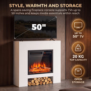 Graphic showing the fireplace suite sized for a 50 inch TV with 20 kg top capacity and open storage