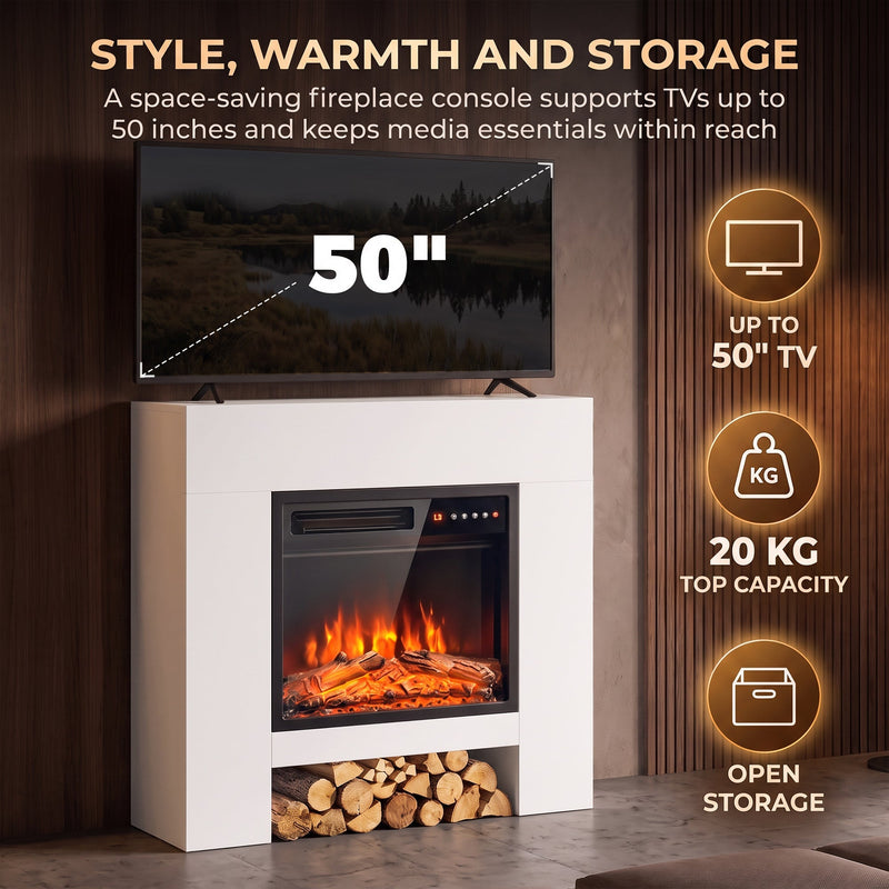 Graphic showing the fireplace suite sized for a 50 inch TV with 20 kg top capacity and open storage