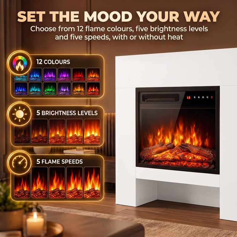 Flame effect graphic showing 12 flame colours, 5 brightness levels and 5 flame speeds