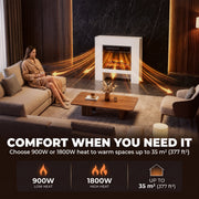 Heat settings graphic showing warm air spreading across a living room, 900W and 1800W heat for up to 35 m²