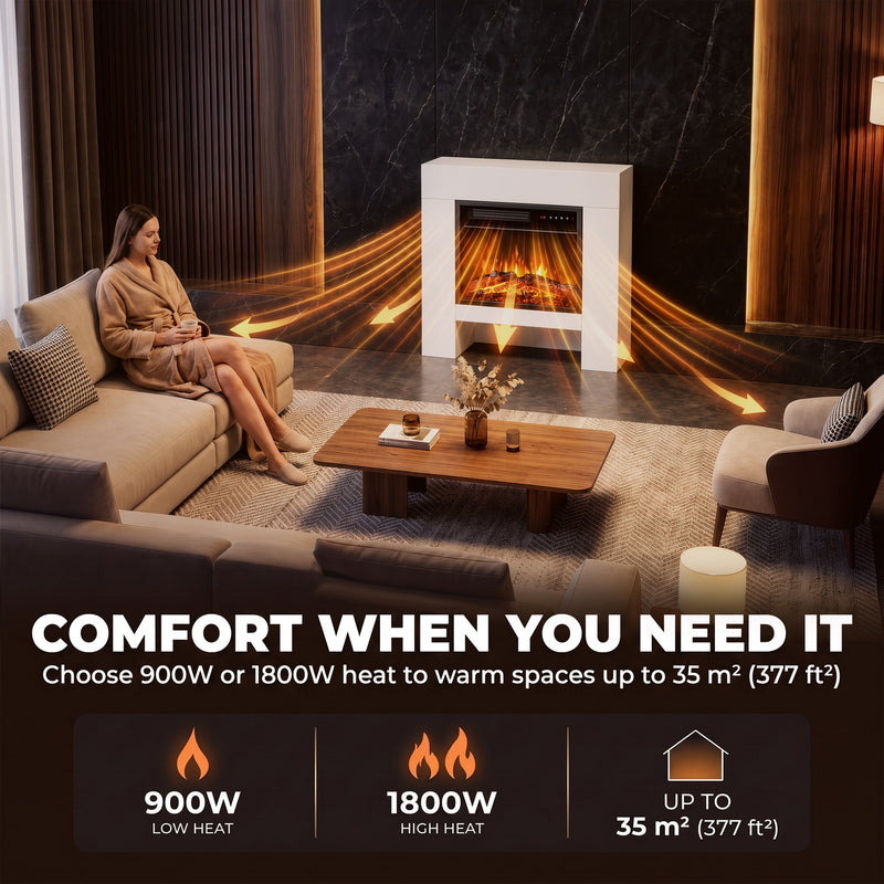 Heat settings graphic showing warm air spreading across a living room, 900W and 1800W heat for up to 35 m²