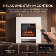 Remote control graphic showing the touch panel, 5 m remote and 8 hour timer