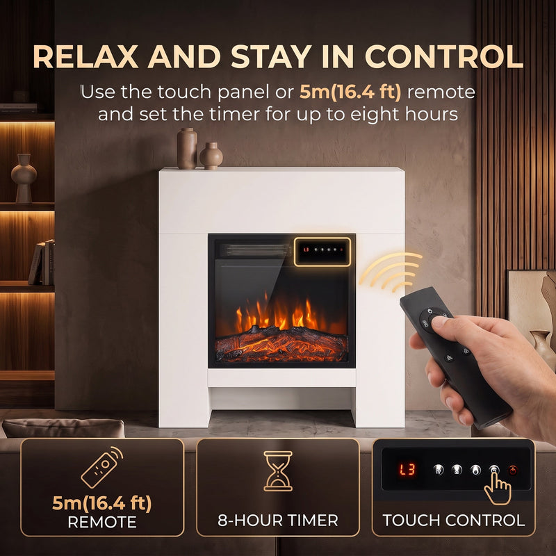 Remote control graphic showing the touch panel, 5 m remote and 8 hour timer