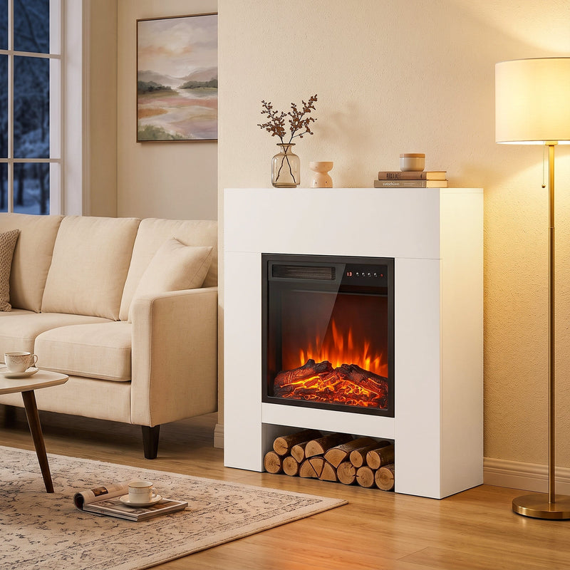 White electric fireplace suite in a living room beside an armchair and floor lamp