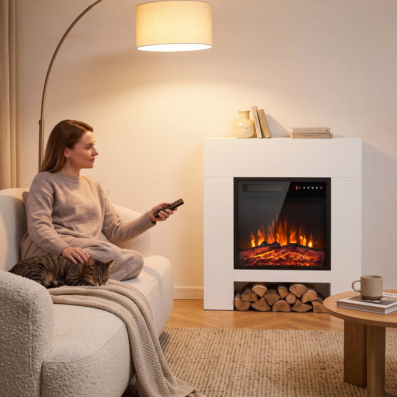 Woman holding the remote beside the white fireplace suite with logs stored underneath