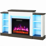 White electric fireplace TV stand with blue LED shelves and purple flames on a white background