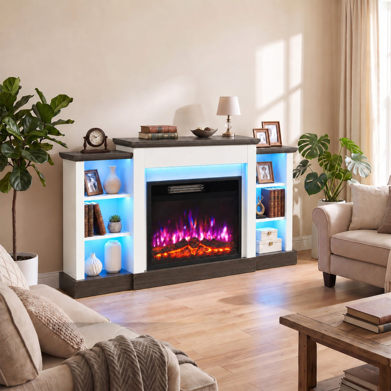 Electric fireplace TV stand with decor on the shelves in a bright living room