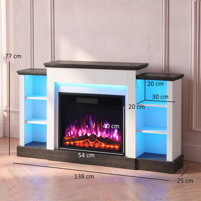 Dimensions diagram showing 138 cm width, 77 cm height, 25 cm depth and 54 x 40 cm flame window