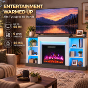 TV on the fireplace stand with labels for 65 inch TVs, 6 open shelves and 20 kg top capacity