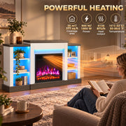 Person reading beside the fireplace with heating output and coverage area labels