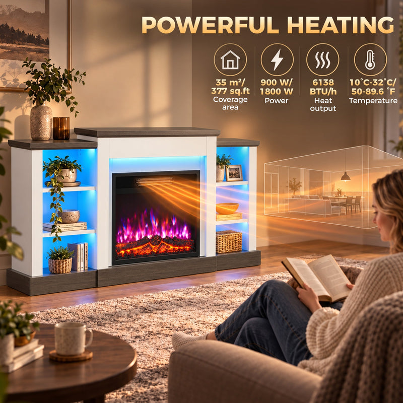 Person reading beside the fireplace with heating output and coverage area labels