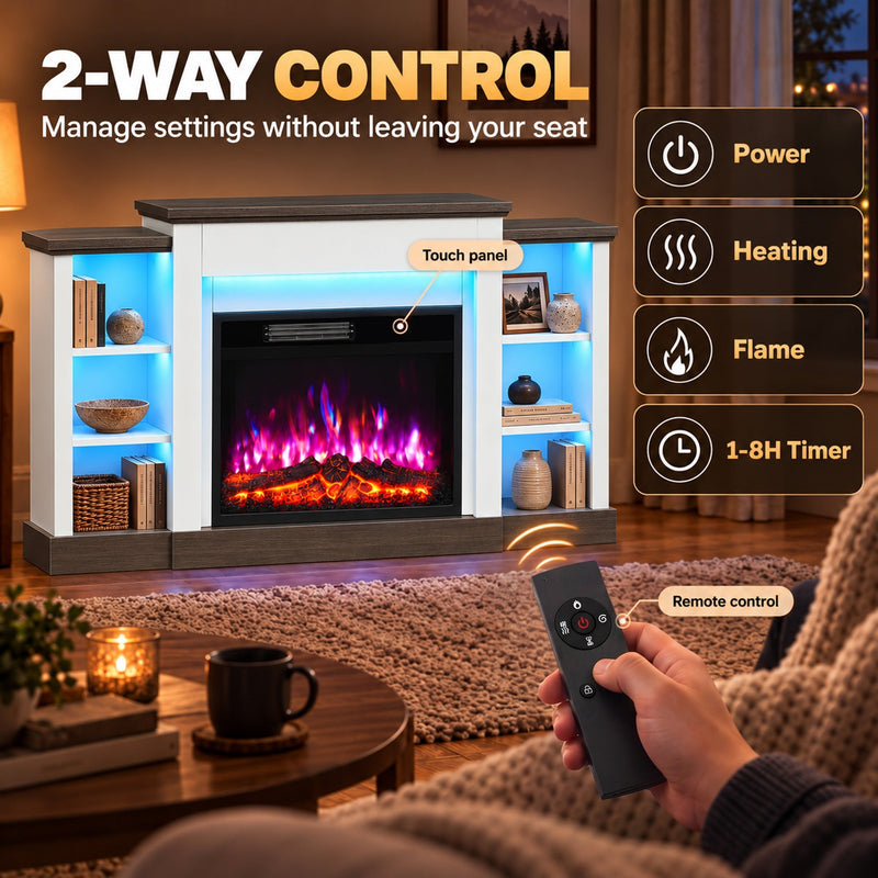 Two-way control panel showing touch panel, remote, heating, flame and timer options