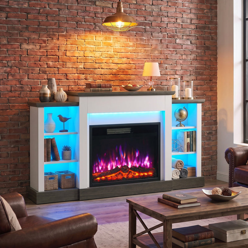 Fireplace stand with lit shelves against a brick wall in a lounge