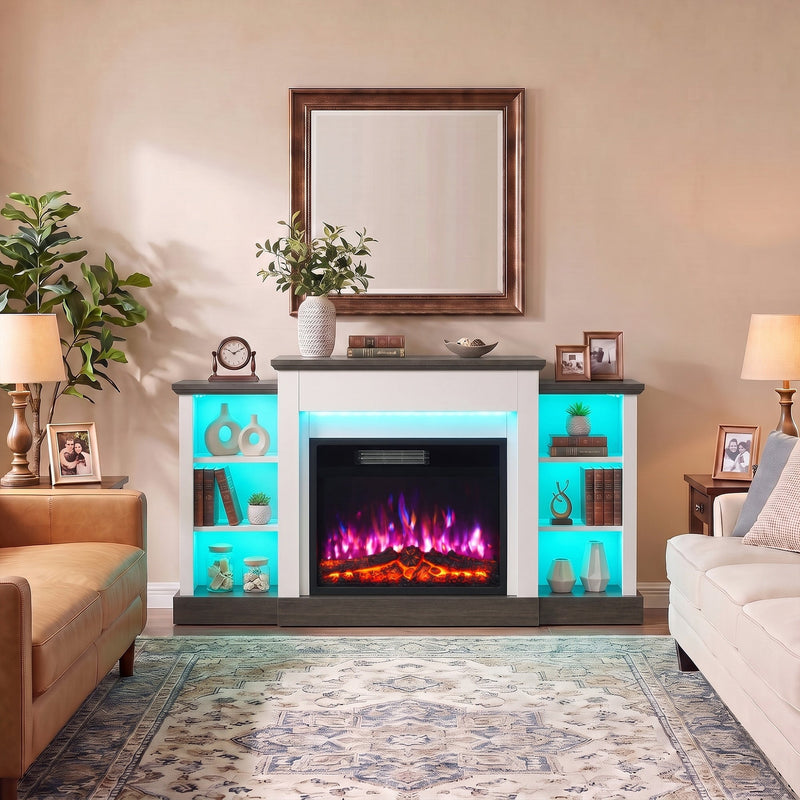 Fireplace stand with teal LED shelves below a framed mirror in a living room