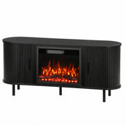 Black fluted-door electric fireplace TV stand with two side cupboards on a white background