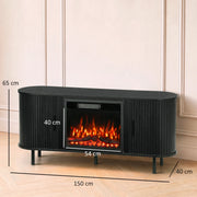 Dimensions diagram of the black fireplace TV stand showing 150 cm wide, 40 cm deep, 65 cm high and a 54 x 40 cm flame window
