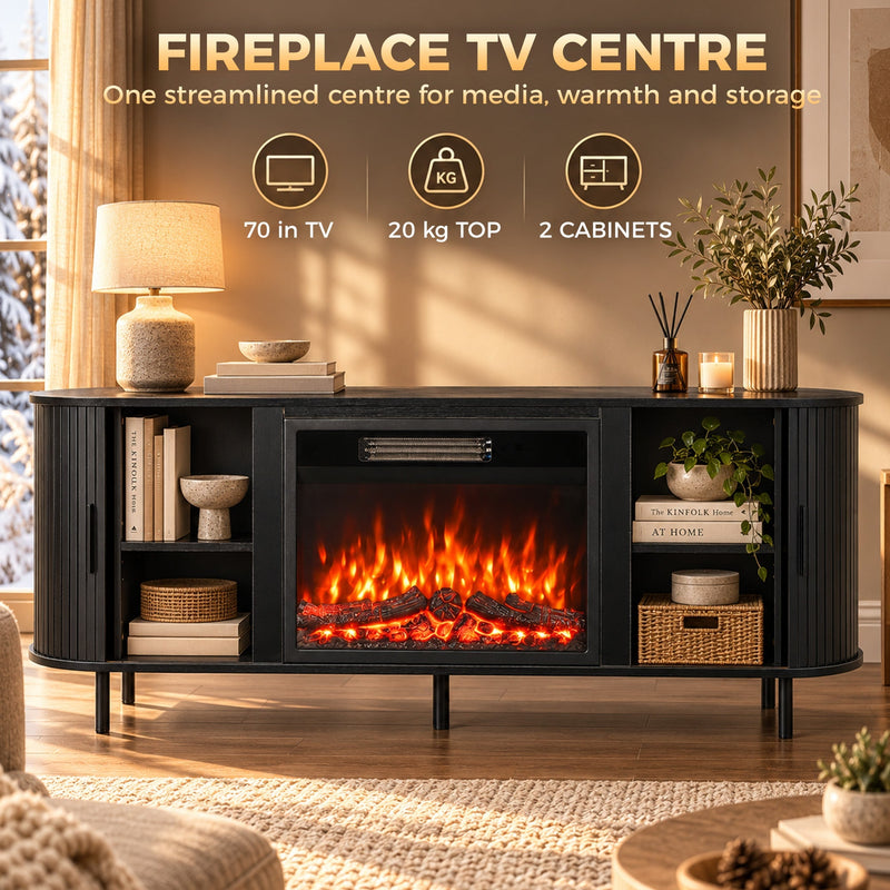 Fireplace TV stand with the cupboard doors open showing shelves, with 70 inch TV, 20 kg top and 2 cabinets callouts