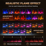Realistic flame effect graphic showing adjustable flame colours, bed hue, brightness and speed