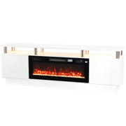 White electric fireplace TV stand with chrome pillars supporting a floating top and a wide flame window on a white background