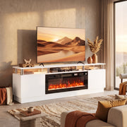 White electric fireplace TV stand with a floating top in a sunlit living room with an 80 inch style TV above