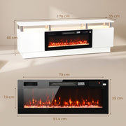 Dimensions diagram of the white fireplace TV stand showing 178 cm wide, 35 cm deep, 60 cm high and a 79 x 19 cm flame window