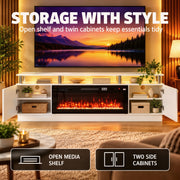 Storage graphic showing the white TV stand with doors open, an open media shelf and two side cabinets under an 80 inch TV