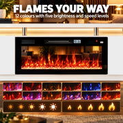 Flame effect graphic showing 12 flame colours with five brightness and speed levels