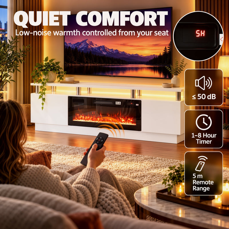 Quiet comfort graphic showing 50 dB noise, 1-8 hour timer and 5 m remote range