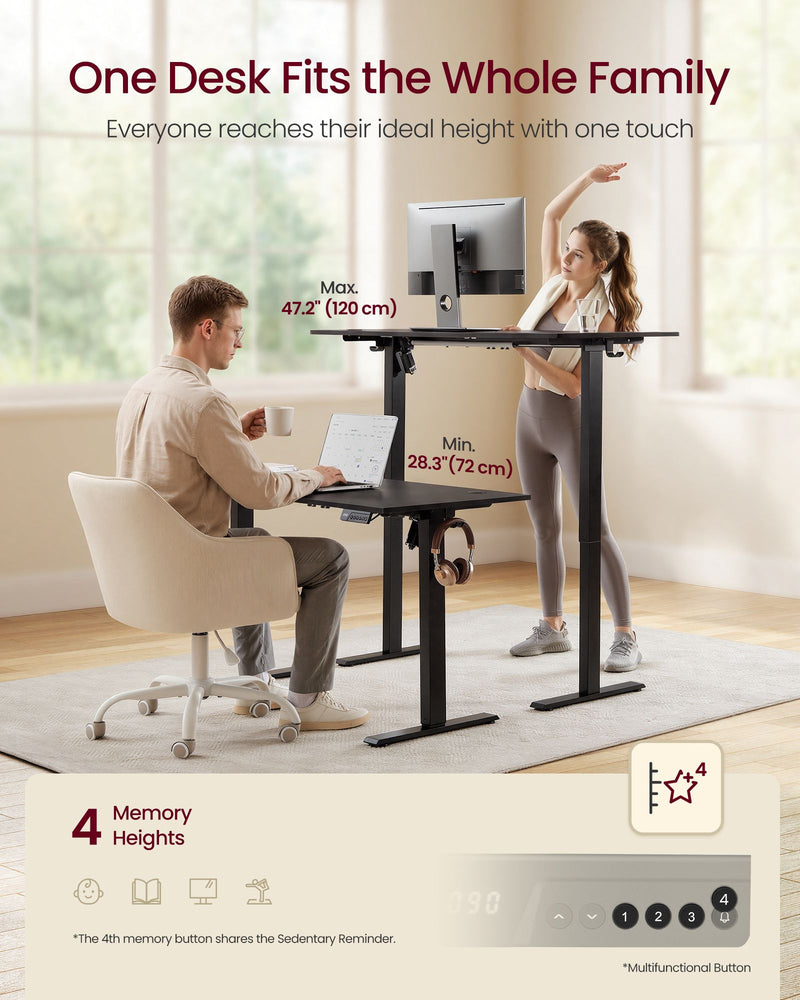 Desk shown at 72 cm sitting height and 120 cm standing height with the 4-memory control panel