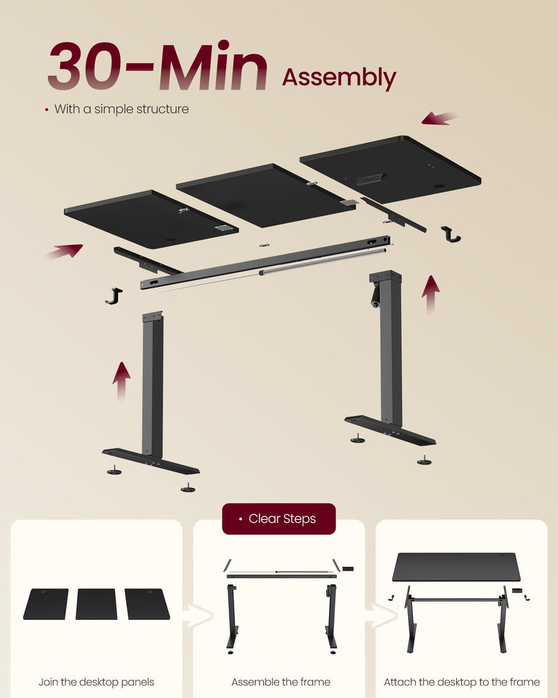 Three-step assembly diagram: join the desktop panels, build the frame, attach the top
