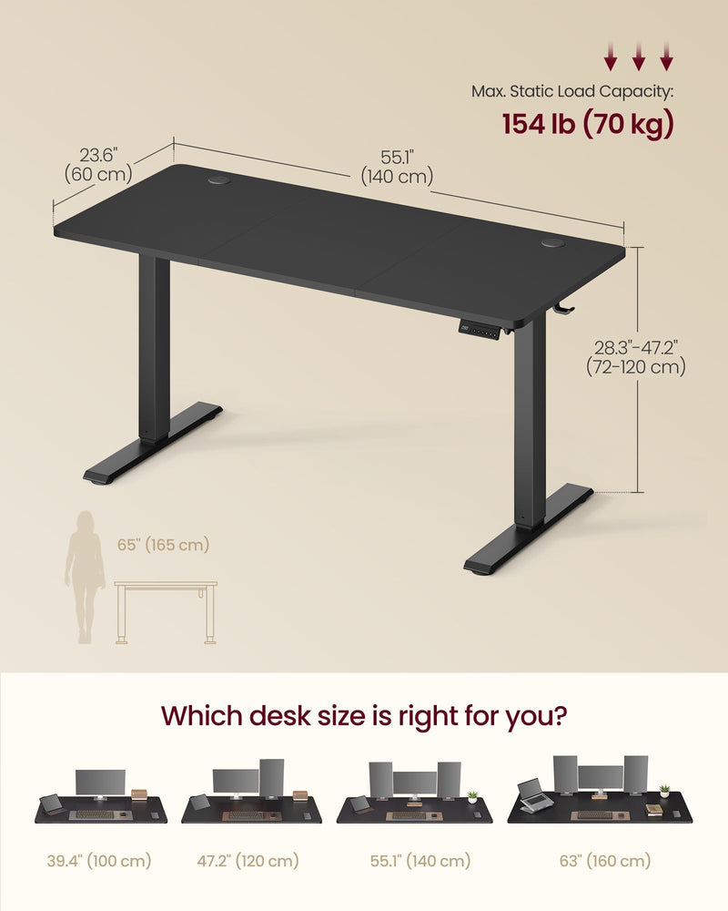 Dimensions diagram: 140 x 60 cm top, 72 to 120 cm height range, 70 kg static load