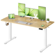 Angled studio shot of the electric standing desk set up with monitors, keyboard and a plant