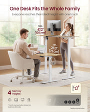 Seated and standing users showing the desk's height range and memory buttons