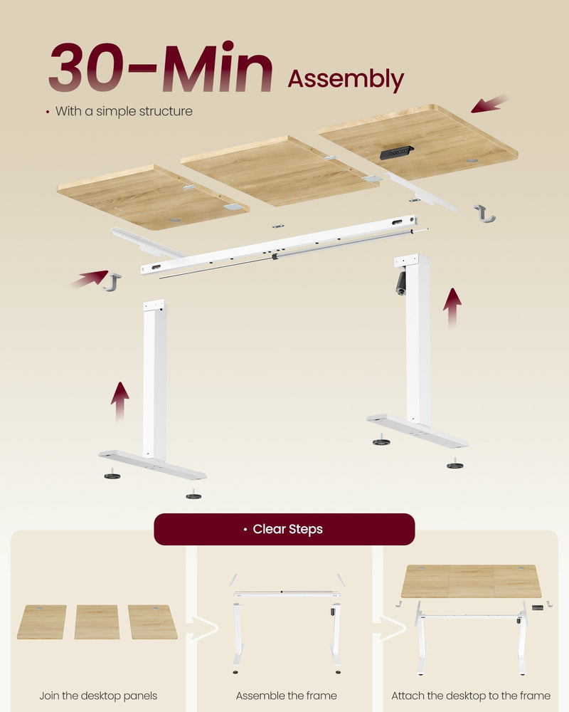 Exploded assembly view with three desktop panels and the lifting frame