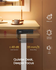 Desk edge with control panel, sedentary reminder and low-noise feature icons