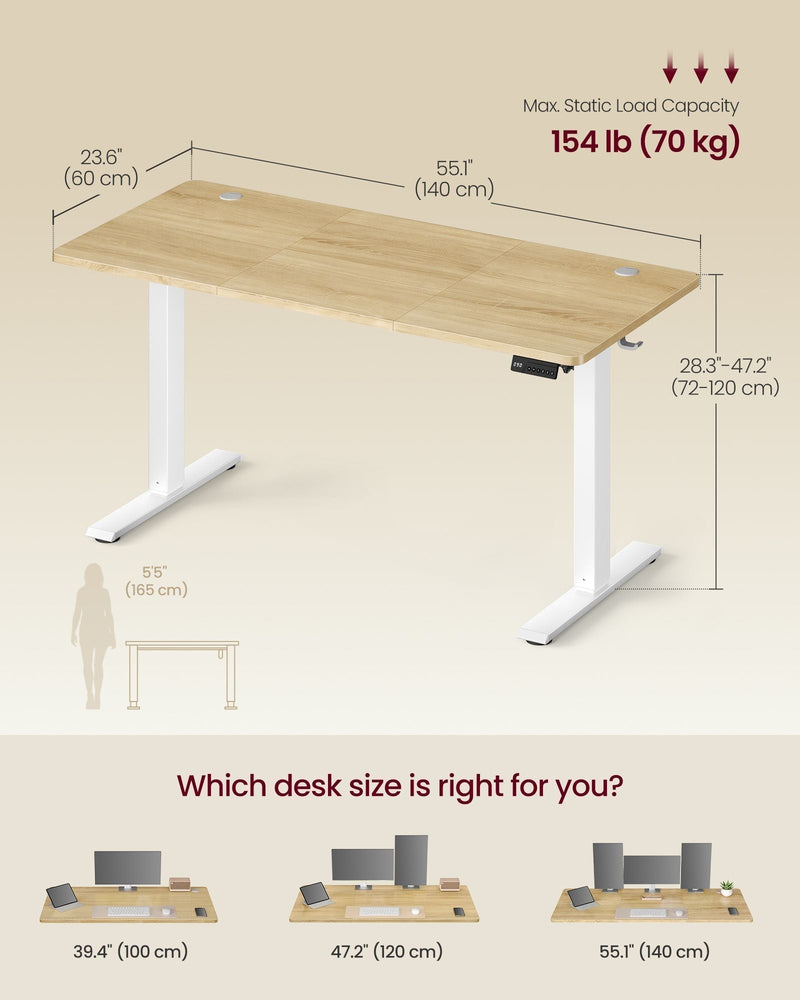 Size comparison and measurements diagram for the 140 cm wide desktop