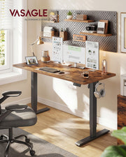 Home office corner with shelves above the standing desk and dual monitors