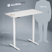 Dimensions diagram showing the white desk 120cm wide, 60cm deep and adjustable from 72 to 118cm