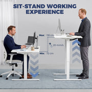 Sit stand comparison showing the white desk lowered for sitting and raised for standing