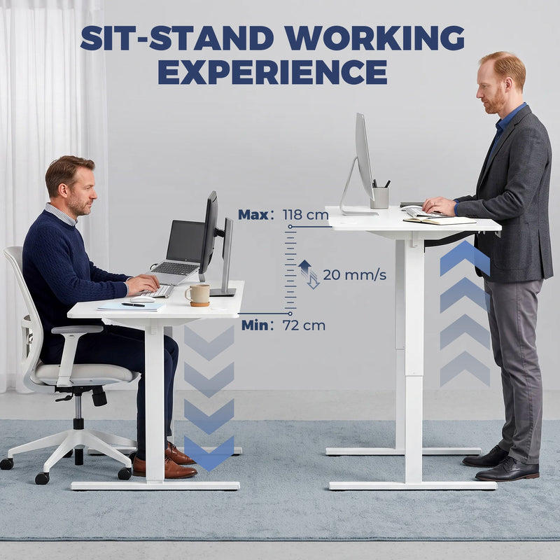 Sit stand comparison showing the white desk lowered for sitting and raised for standing