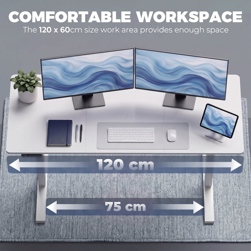 Overhead view of the 120 x 60cm white desktop with monitors and keyboard