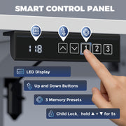Close-up of the LED control panel with height display, up and down buttons and 3 memory presets