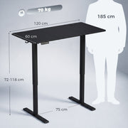 Dimensions diagram showing the black desk 120cm wide, 60cm deep and adjustable from 72 to 118cm