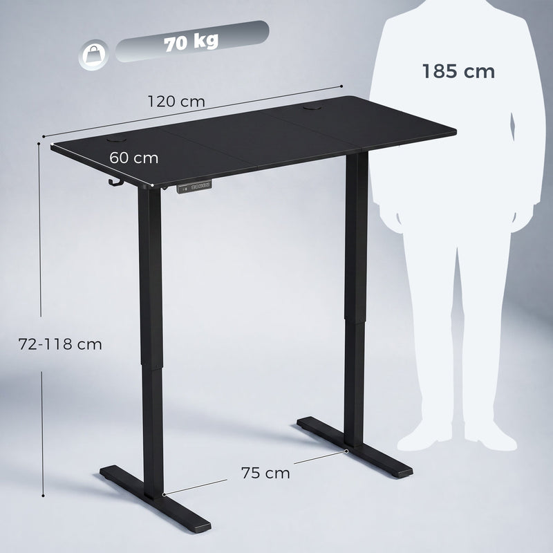 Dimensions diagram showing the black desk 120cm wide, 60cm deep and adjustable from 72 to 118cm