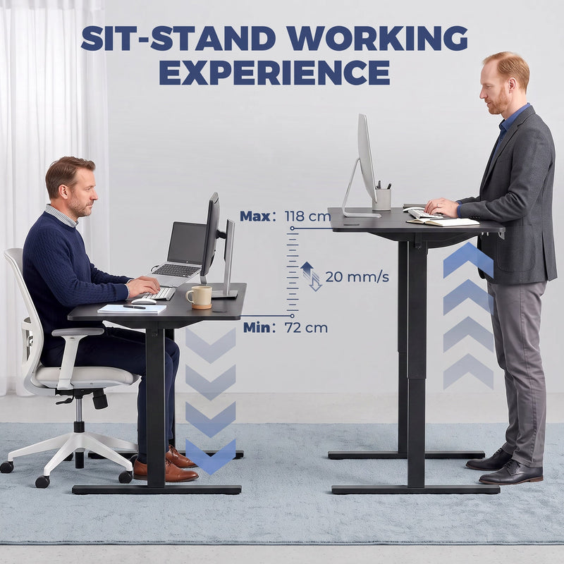 Sit stand comparison showing the black desk lowered for sitting and raised for standing