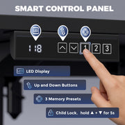 Close-up of the LED control panel with height display, up and down buttons and 3 memory presets