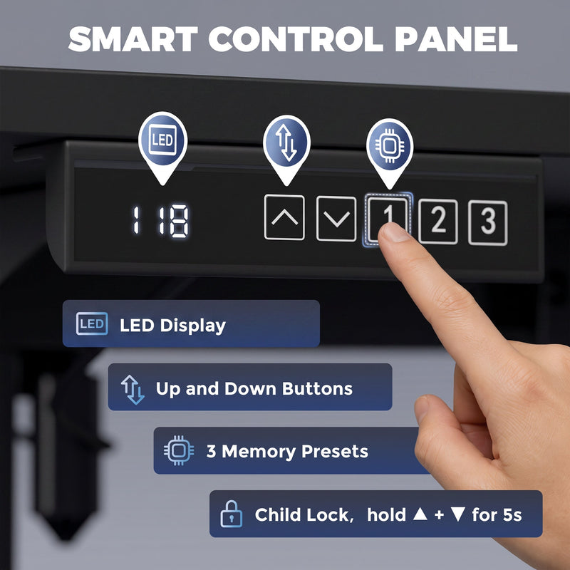 Close-up of the LED control panel with height display, up and down buttons and 3 memory presets