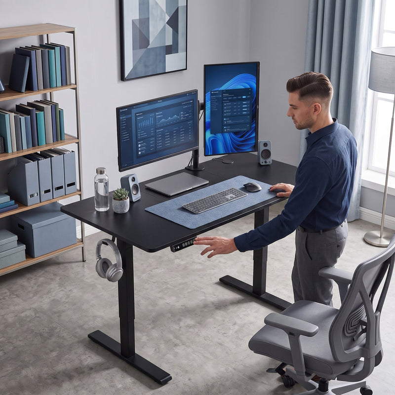 Black standing desk in a home office with a person adjusting the height while standing