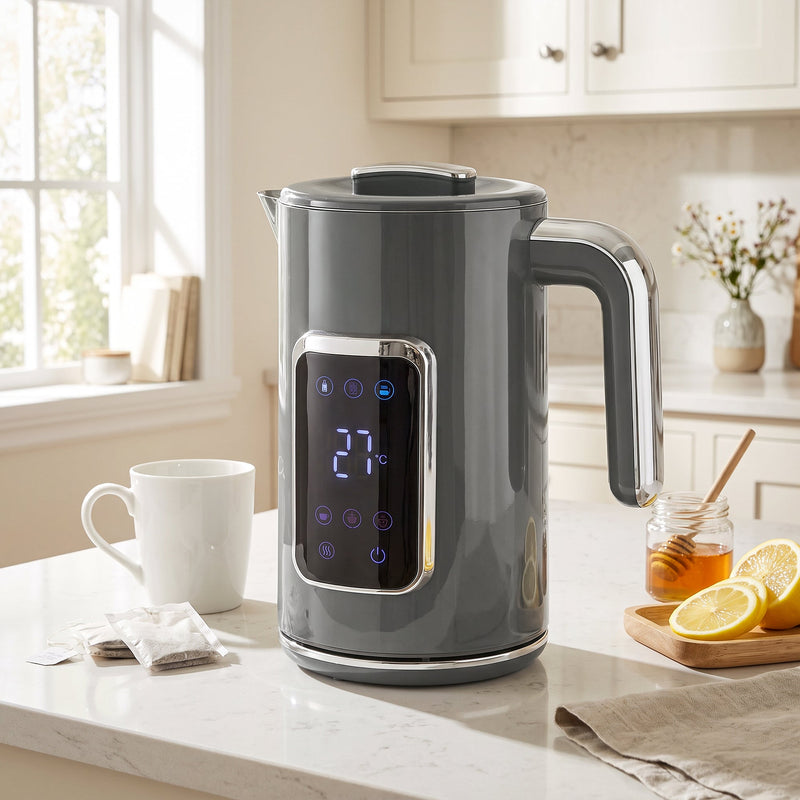 Grey HOMCOM electric kettle on a kitchen counter with tea bags and honey